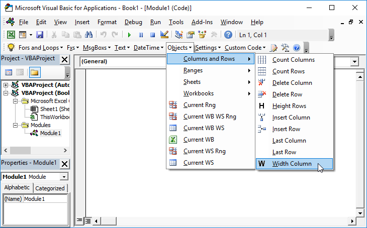 vba set column width