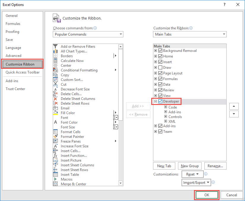 excel enable developer ribbon
