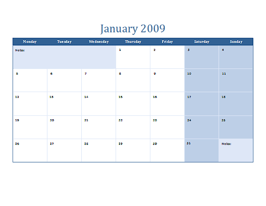 2009 Excel Calender