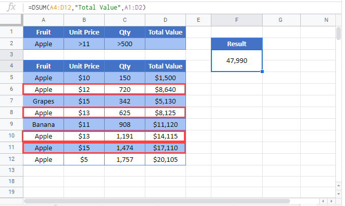 DSUM Google Function