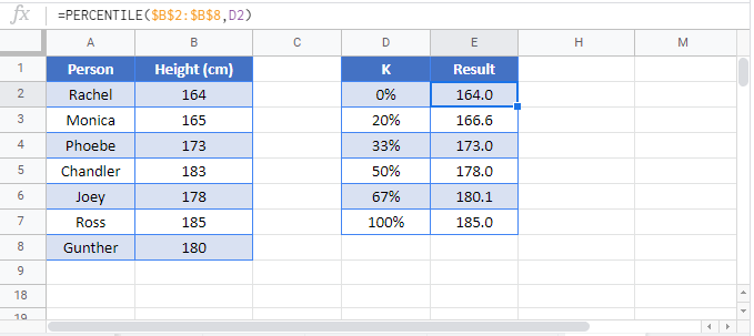 PERCENTILE Google Function