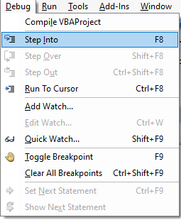 vba debug menu: step into