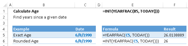 calculate age in excel yearfrac