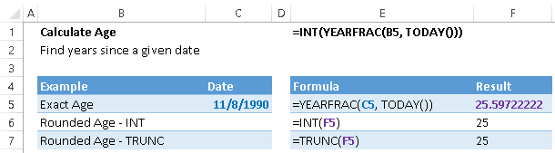 calculate exact age in excel