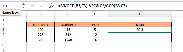 ratio of two numbers in excel