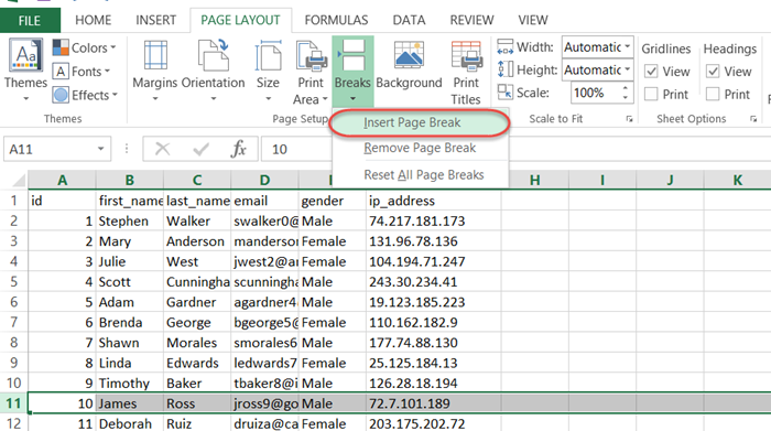 insert column page break excel vba