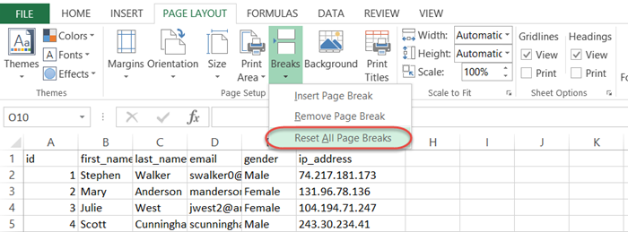 reset all page breaks excel vba