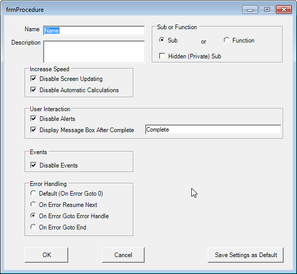 vba procedure generator