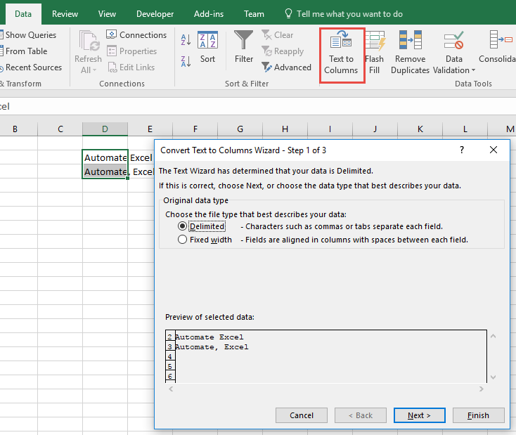 excel feature - text to columns