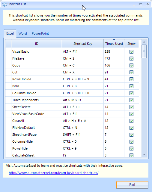 shortcut coach excel shortcut list