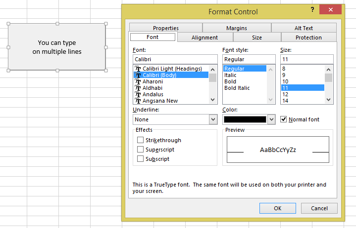 excel button properties font