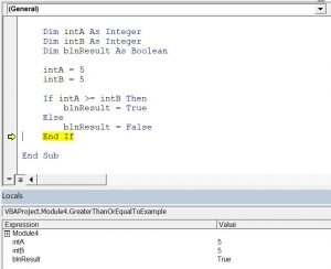 vba comparison operators greater than or equal to