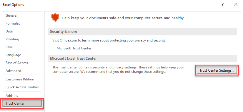 excel macro trust center settings