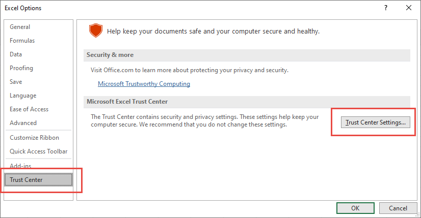 excel add in trust center settings