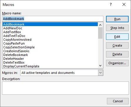 word vba macros list