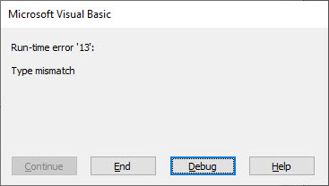 vba runtime error 13