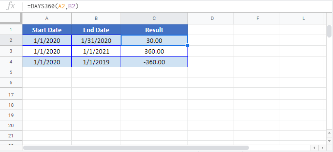 DAYS360 Google sheet