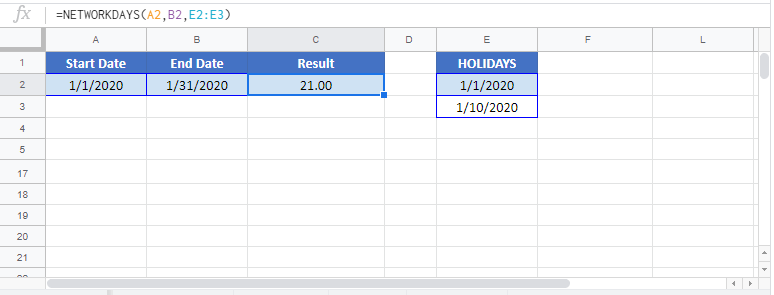 NETWORKDAYS Google sheet