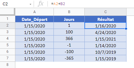 addition jours date directe google sheets