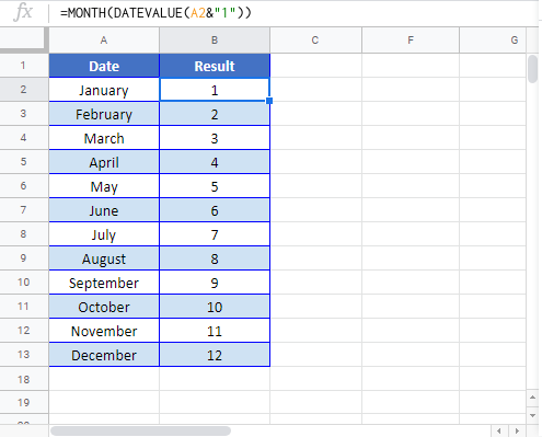 Month Name to google sheet