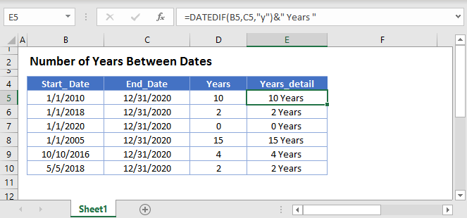 how to calculate number of years between dates excel