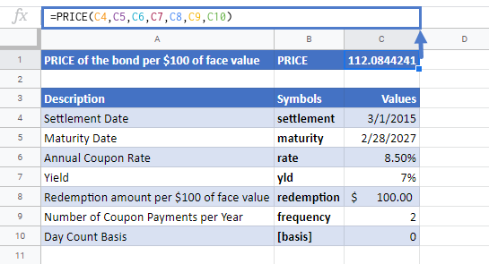 PRICE Function in Google Sheets