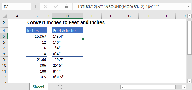 Inches table into feet Feet to
