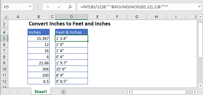 How to Inches to Feet in Excel