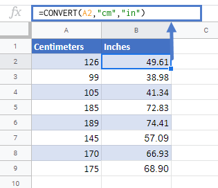 convert cm to inches google sheets