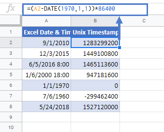 convert exceltime to unix timestamp in google sheets