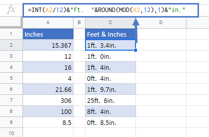 Convert Inches to Feet and Inches in Google Sheets