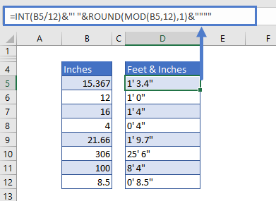 Convert Inches to Feet and Inches with ROUND function