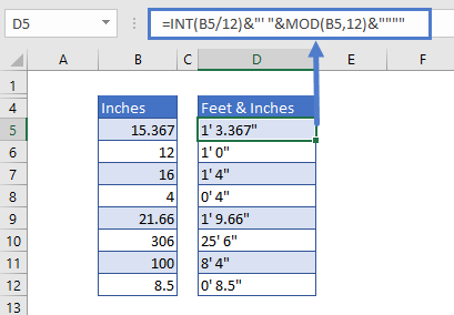 Convert Inches to Feet and Inches using INT and MOD functions