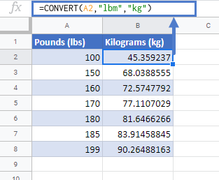 convert lbs to kg google sheets.
