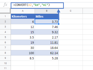 Convert Kilometers to Miles in Google Sheets