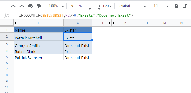 count if value exists in range google sheets