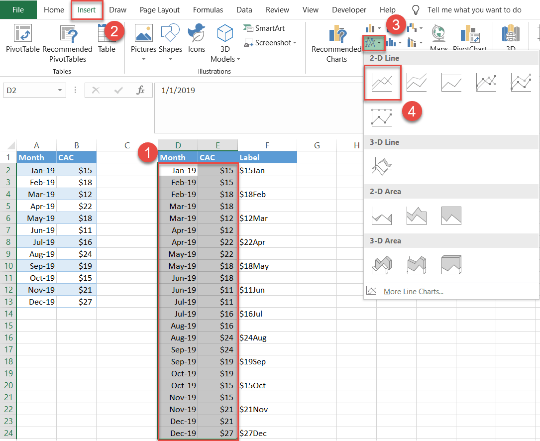 Vytvořte čárový graf aplikace Excel