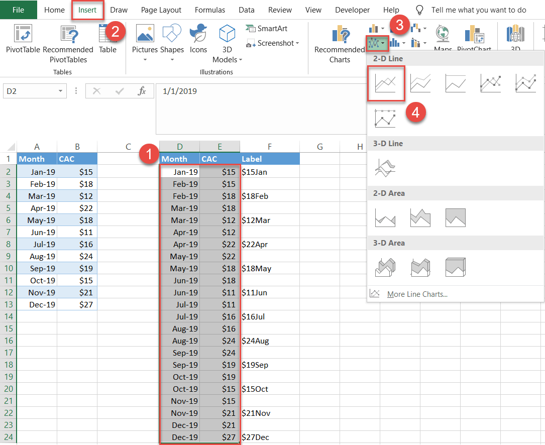 Opret et Excel-linjediagram