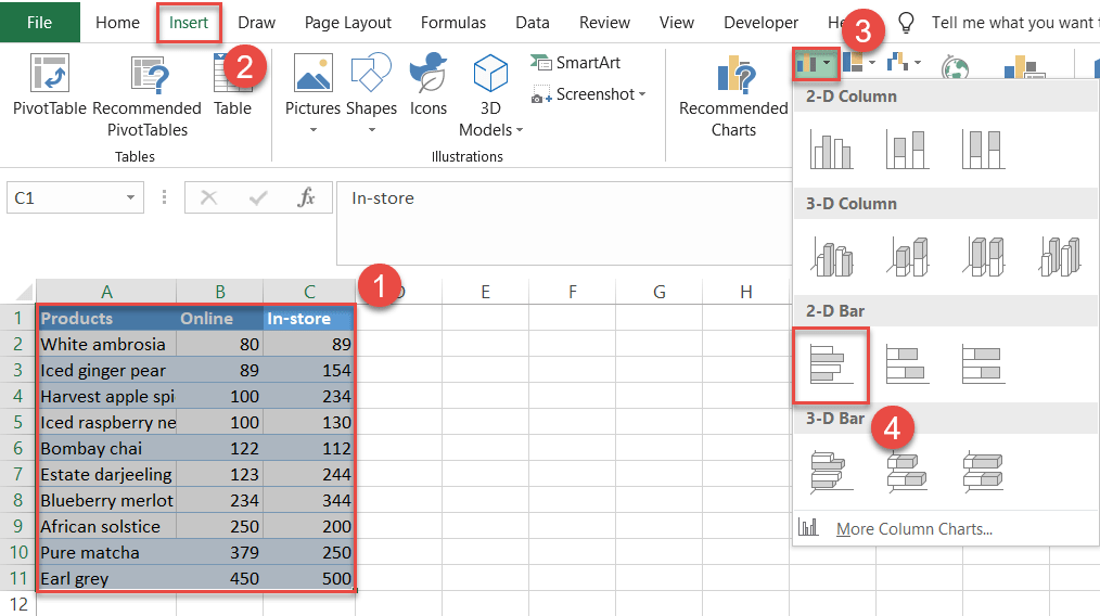 How to create a clustered bar chart in Excel