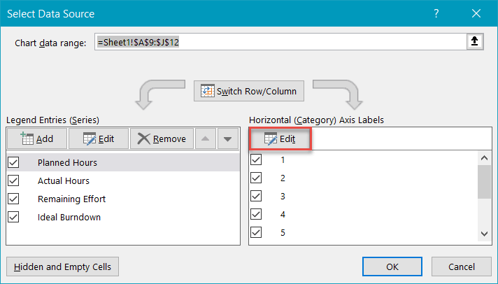 Edit horizontal axis labels in Excel