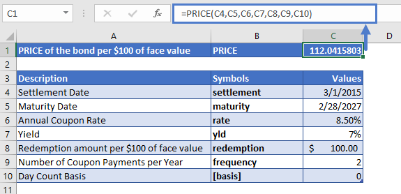 Excel Function PRICE Example 1