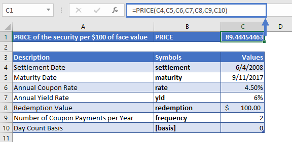 Excel Function PRICE Example 2