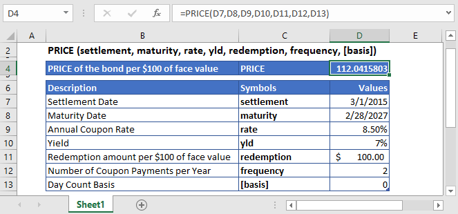 Excel Function PRICE