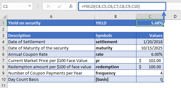 Excel YIELD Function Example 1