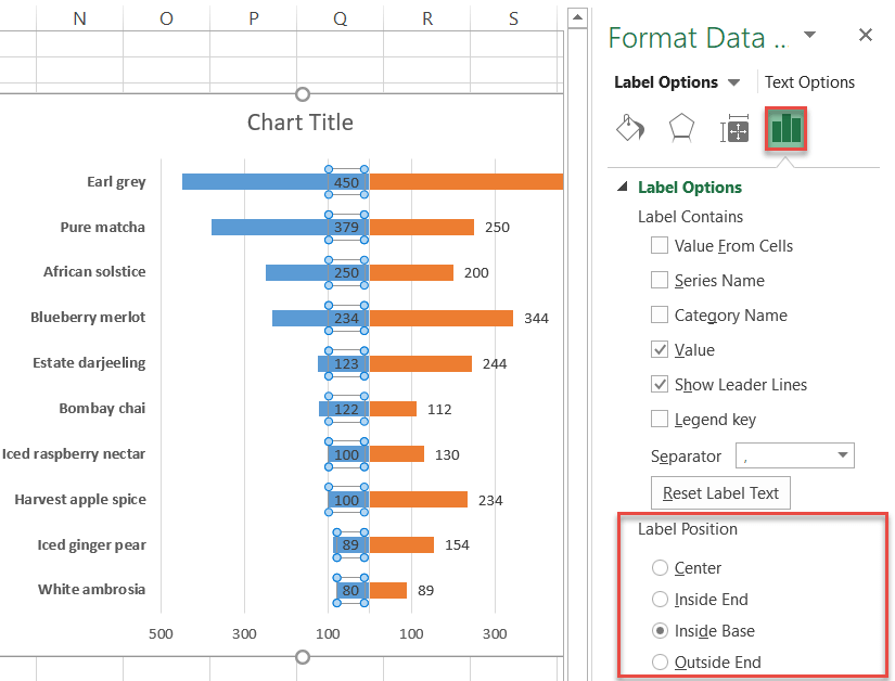 Moving data labels to the center in Excel