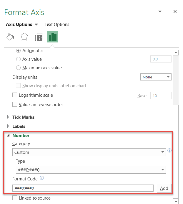 Number formatting of axes values in Excel