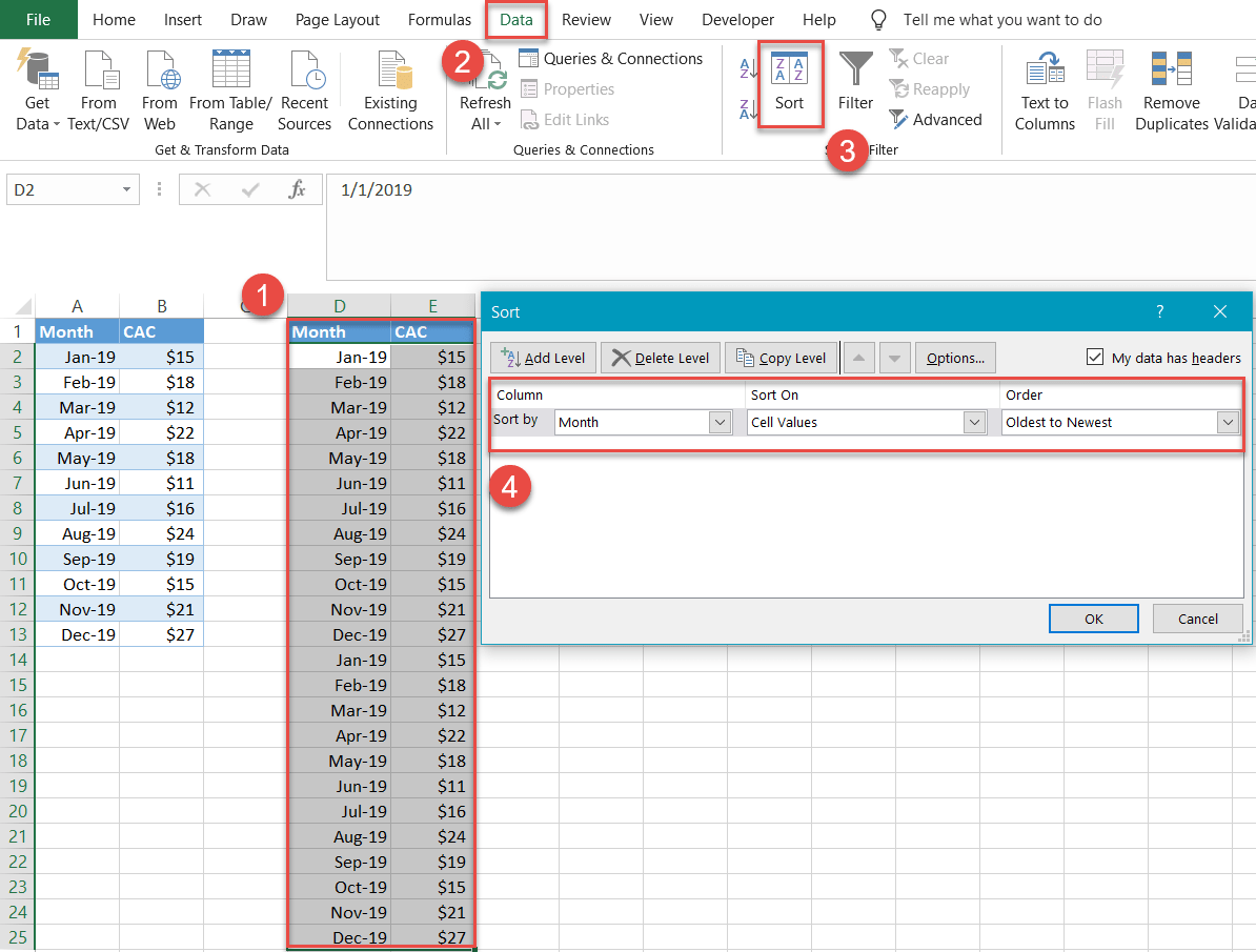 Sort the date column from oldest to newest