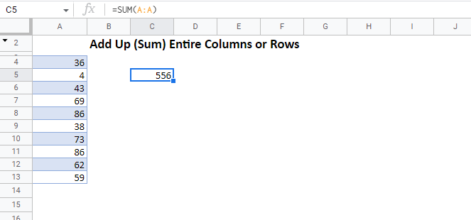 Add Up Entire Column Rows in Google Sheets