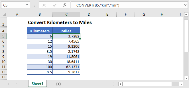 Convert Kilometers to Miles in Excel