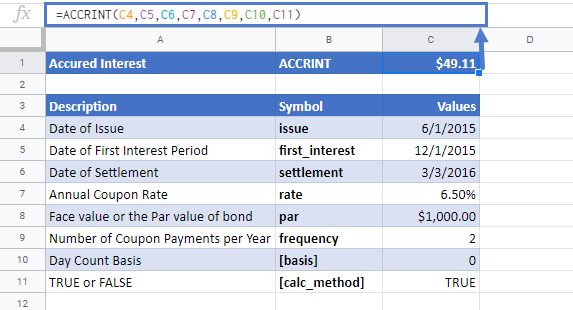 ACCRINT function Google Sheets